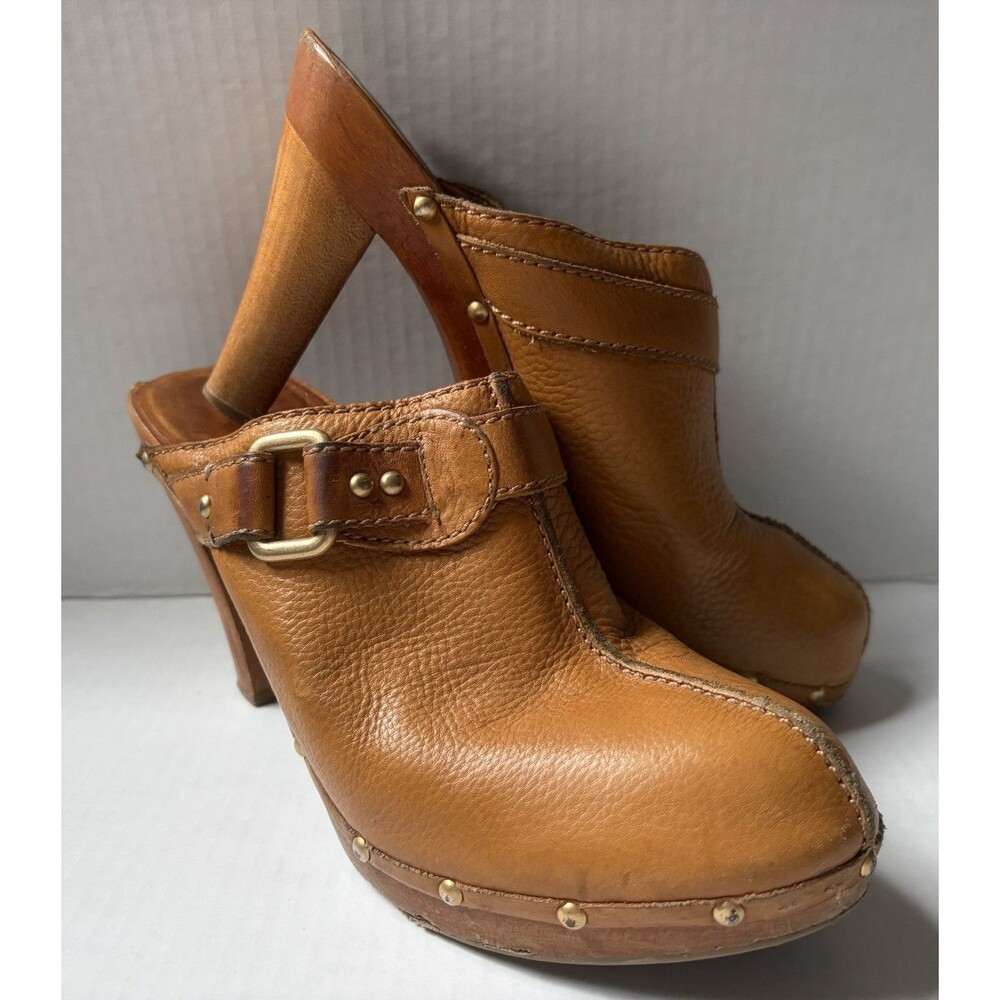 Antonio Melani Pacific Leather Clog Mules 9.5 Studded Wood Heel Y2K Boho